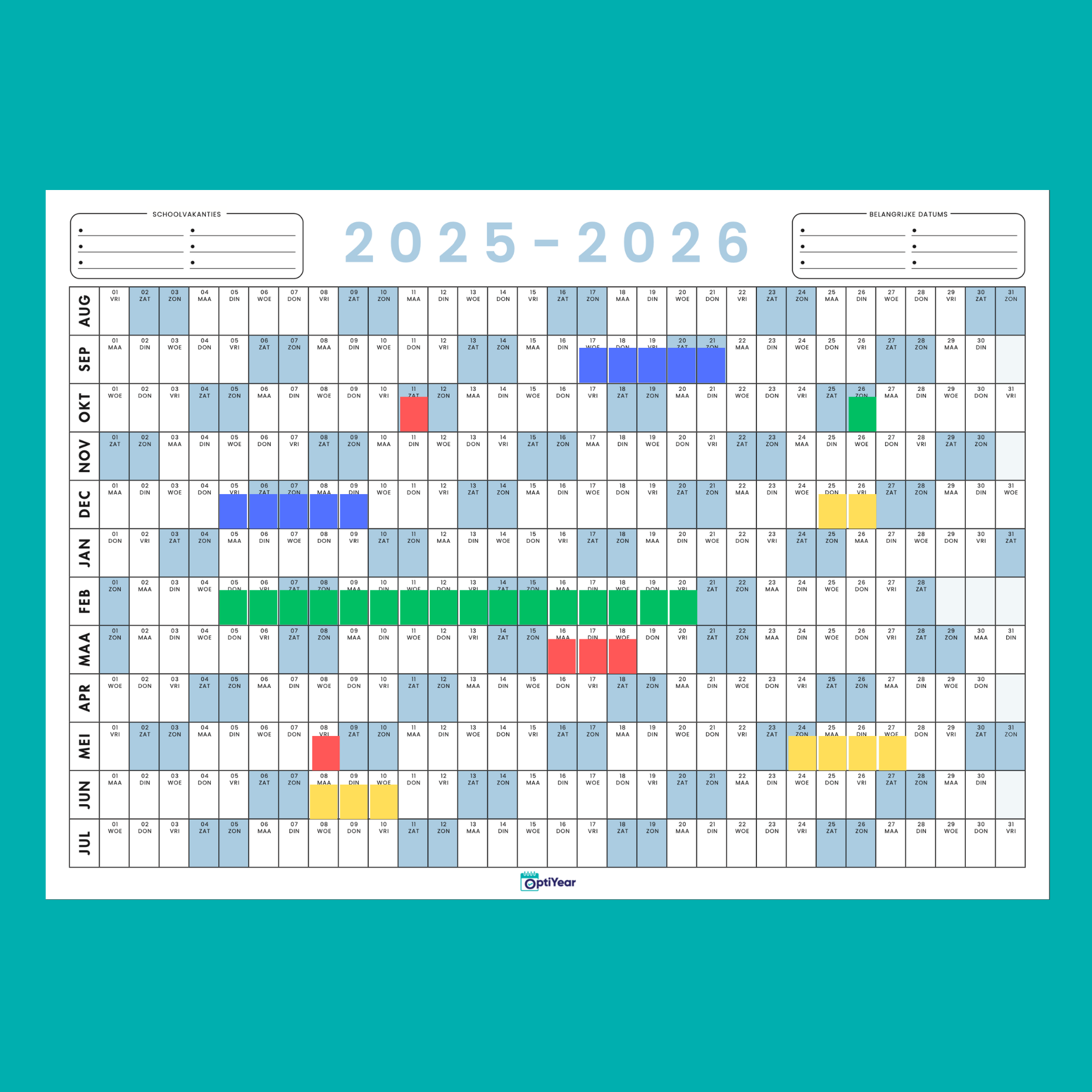 OptiYear schooljaarkalender 2025-2026